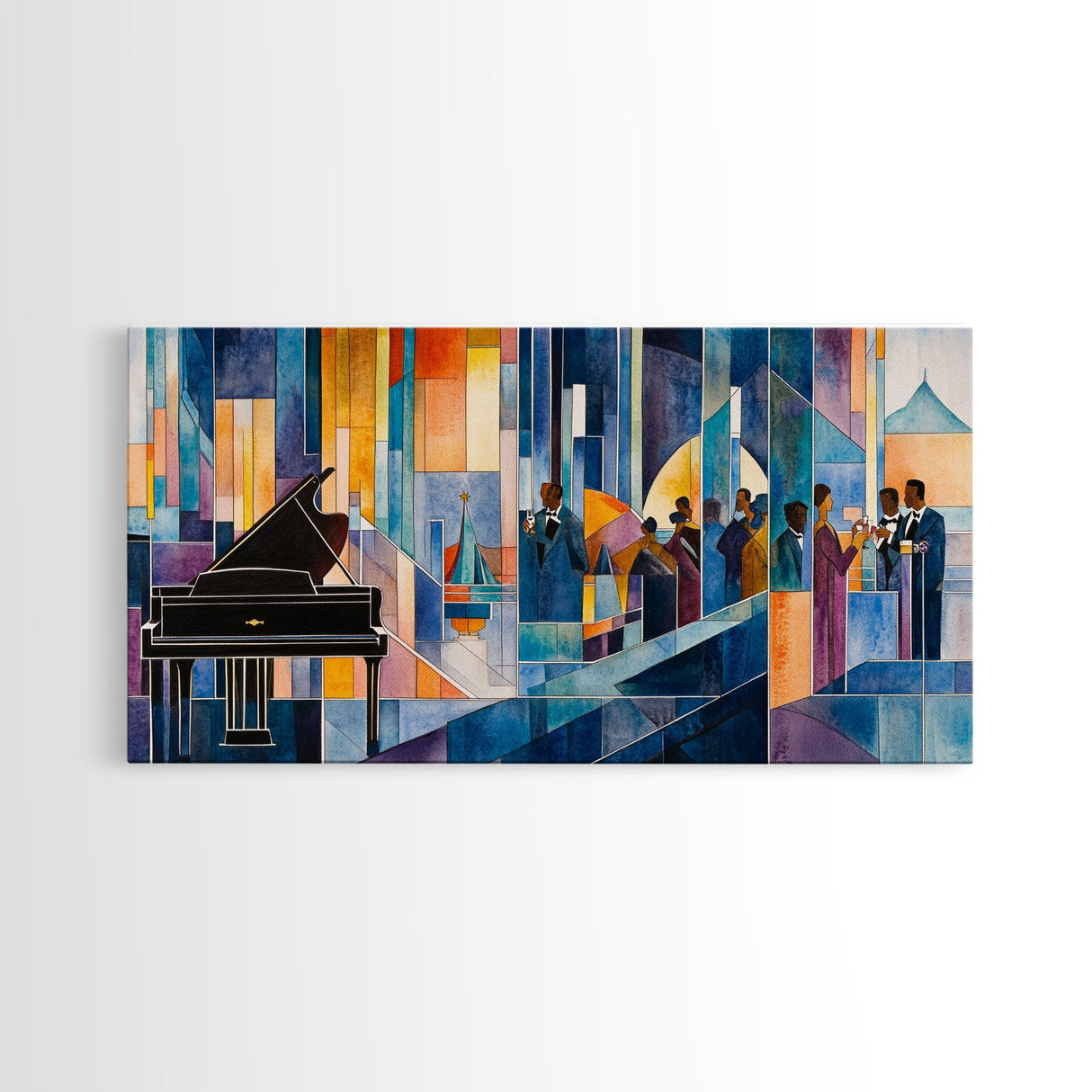 Abstract jazz party scene with grand piano, colorful stained glass aesthetic, framed canvas print ideal vibrant music wall art decor