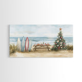 Surfboards and decorated tree on the beach, framed canvas print perfect coastal Christmas vacation decor holiday wall art