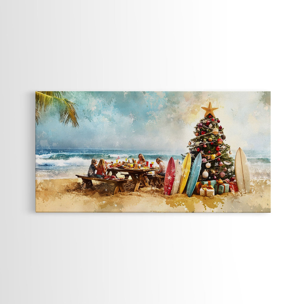 Christmas family picnic by the beach with surfboards and tree, framed canvas print tropical coastal holiday beach Christmas decor