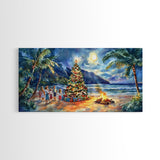 Hawaiian Christmas beach scene with bonfire and tree, framed canvas print perfect tropical holiday coastal decor wall art