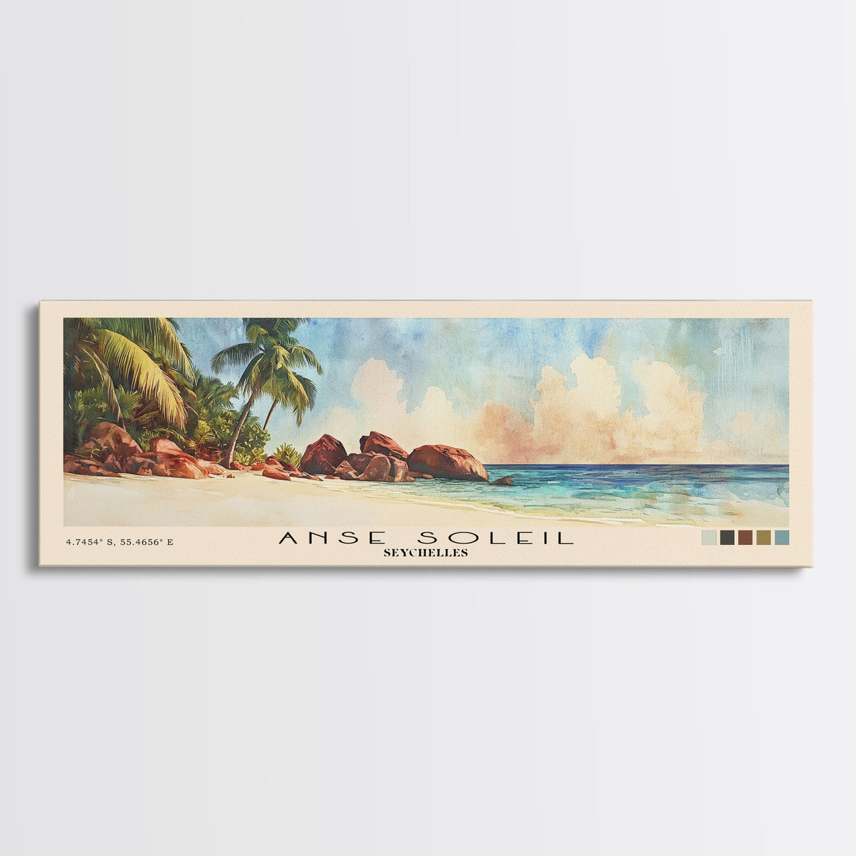 Anse Soleil, Seychelles Watercolor Beach Print, Vacation Gift, Seychelles Wall Art, Framed Canvas Print, Framed Beach Painting