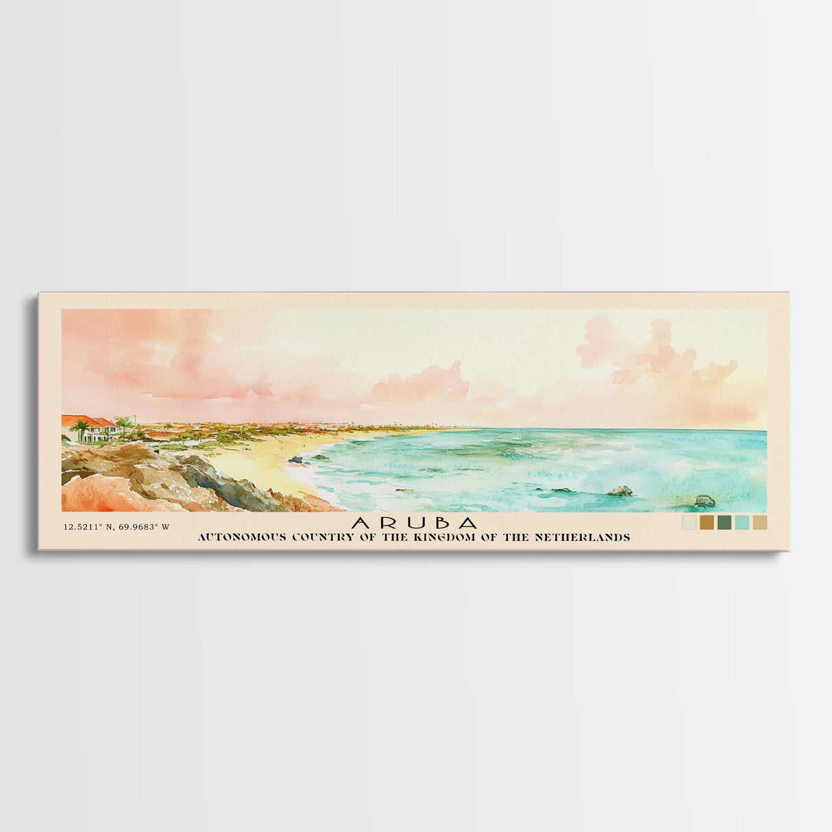 Aruba, autonomous country of the Kingdom of the Netherlands Watercolor Beach Print, Vacation Gift, autonomous country of the Kingdom of the Netherlands Wall Art, Framed Canvas Print, Framed Beach Painting