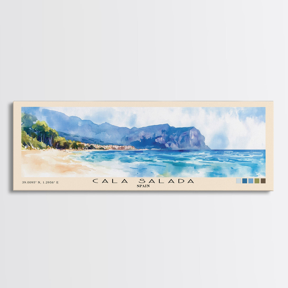 Cala Salada, Spain Watercolor Beach Print, Vacation Gift, Spain Wall Art, Framed Canvas Print, Framed Beach Painting