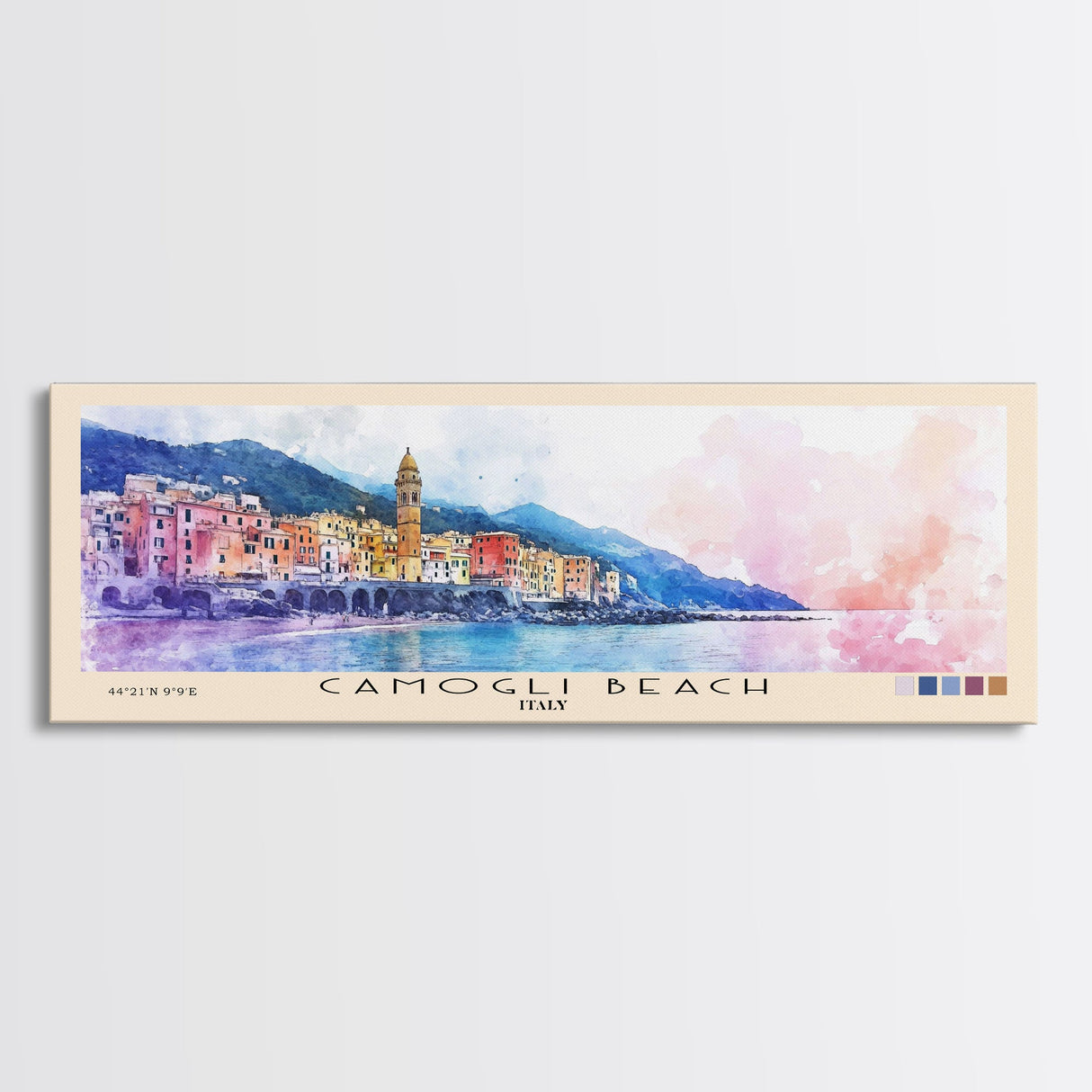 Camogli Beach, Italy Watercolor Beach Print, Vacation Gift, Italy Wall Art, Framed Canvas Print, Framed Beach Painting