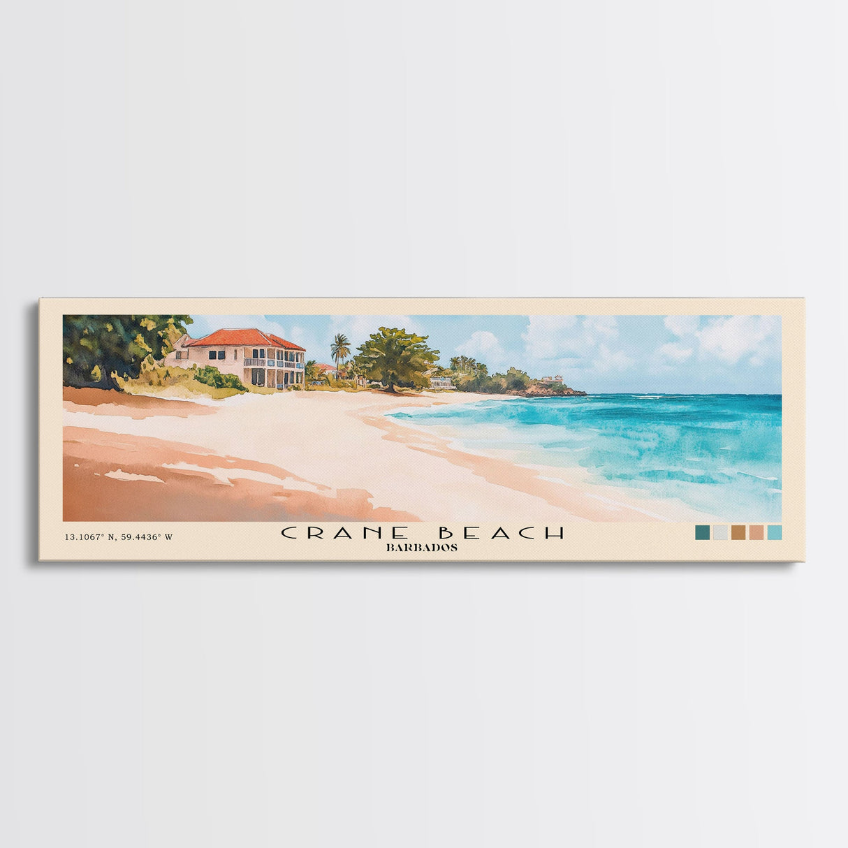 Crane Beach, Barbados Watercolor Beach Print, Vacation Gift, Barbados Wall Art, Framed Canvas Print, Framed Beach Painting