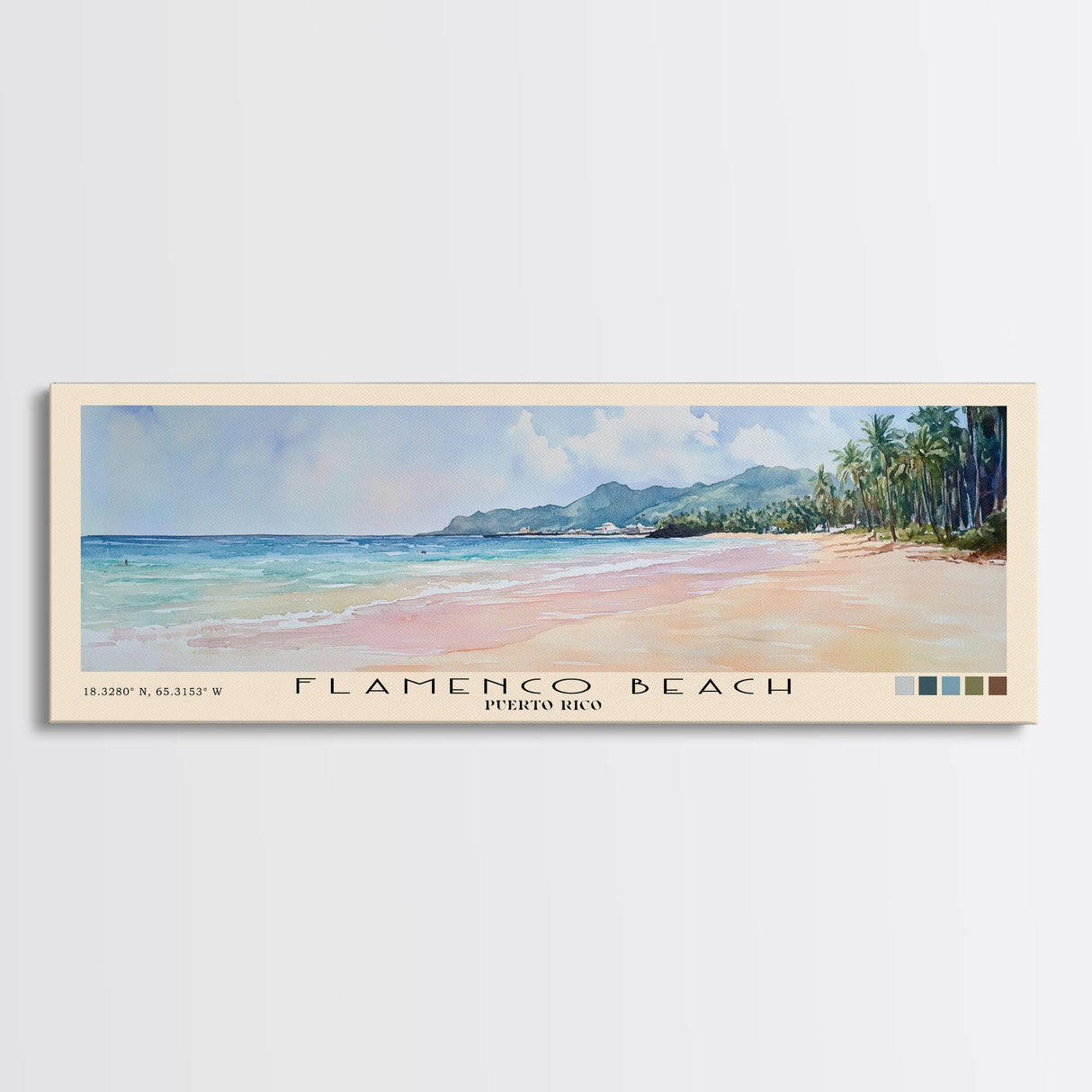 Flamenco Beach, Puerto Rico Watercolor Beach Print, Vacation Gift, Puerto Rico Wall Art, Framed Canvas Print, Framed Beach Painting