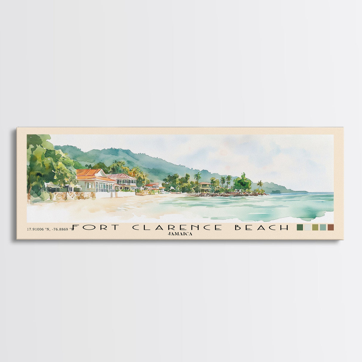 Fort Clarence Beach, Jamaica Watercolor Beach Print, Vacation Gift, Jamaica Wall Art, Framed Canvas Print, Framed Beach Painting