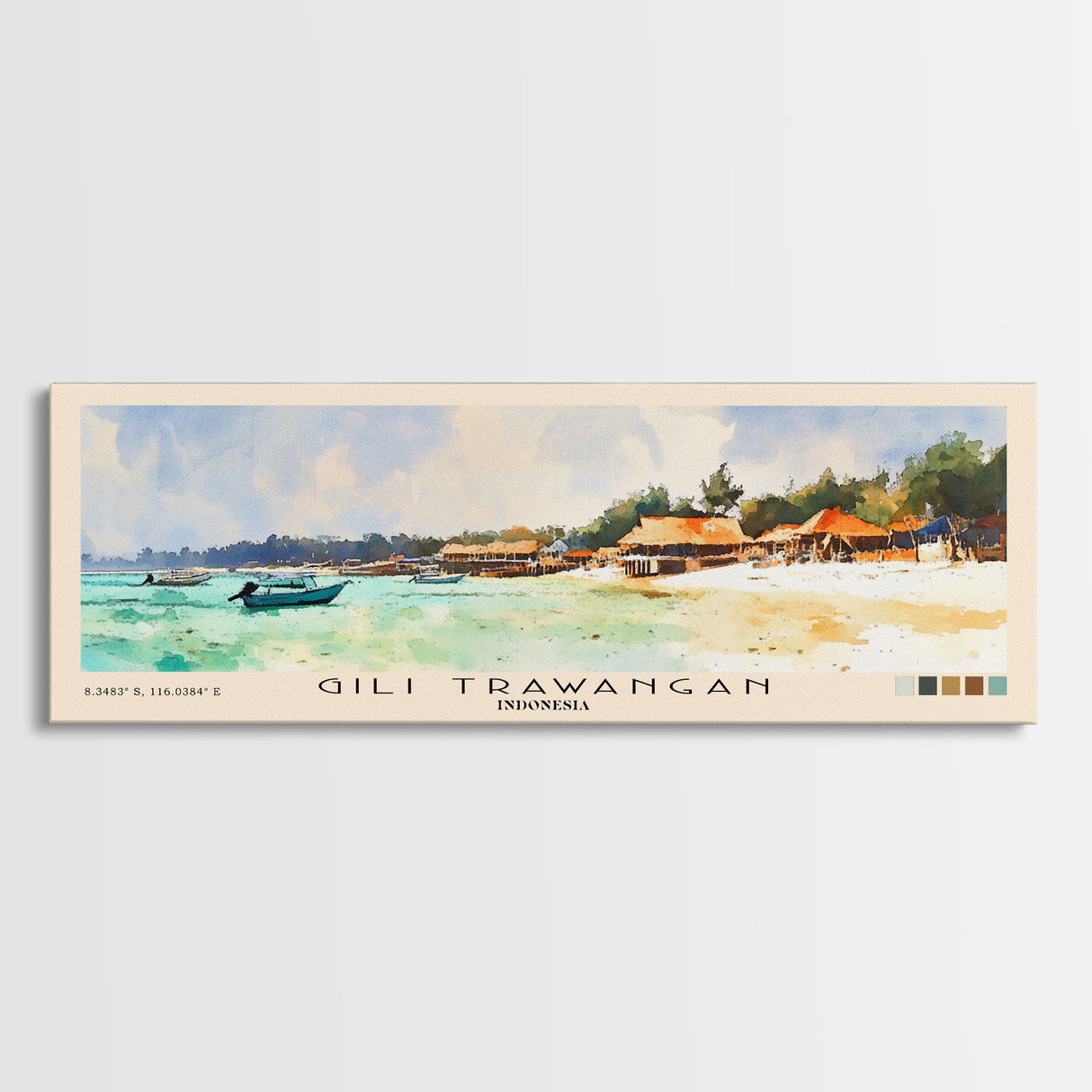 Gili Trawangan, Indonesia Watercolor Beach Print, Vacation Gift, Indonesia Wall Art, Framed Canvas Print, Framed Beach Painting