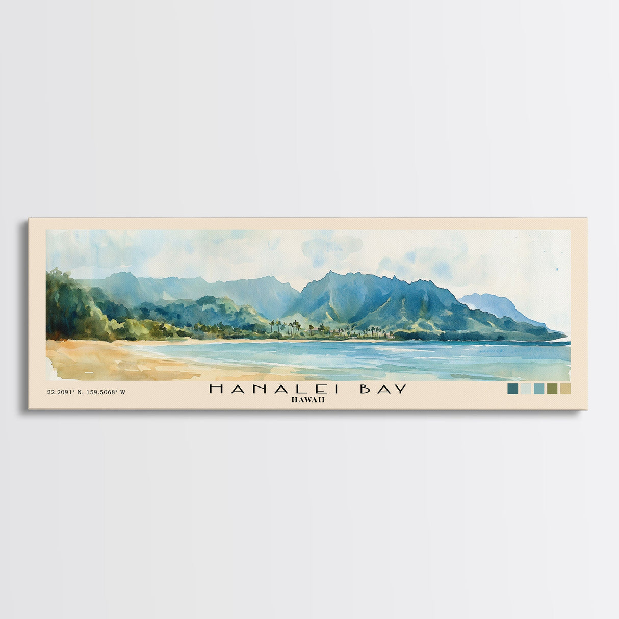 Hanalei Bay, Hawaii Watercolor Beach Print, Vacation Gift, Hawaii Wall Art, Framed Canvas Print, Framed Beach Painting