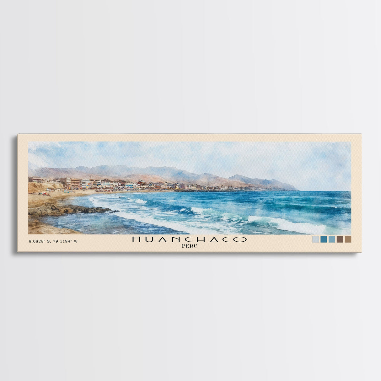 Huanchaco, Peru Watercolor Beach Print, Vacation Gift, Peru Wall Art, Framed Canvas Print, Framed Beach Painting