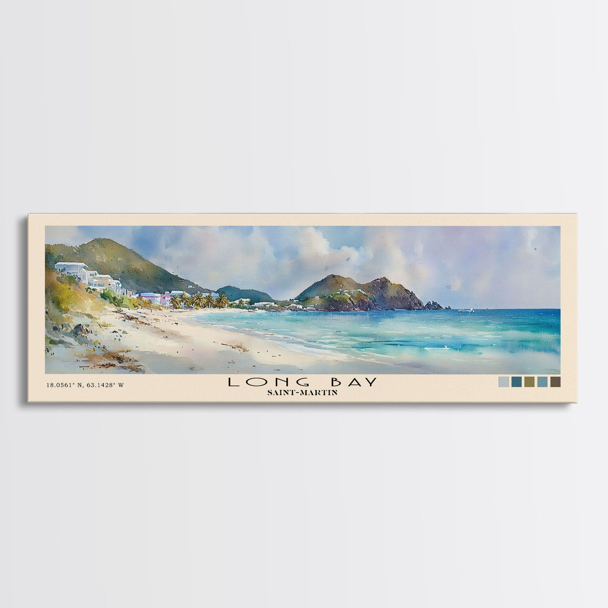 Long Bay, Saint-Martin Watercolor Print, Vacation Gift, Saint-Martin Wall Art, Beach Painting, Beach Decor, Large Wall Art, Wood Frame Art