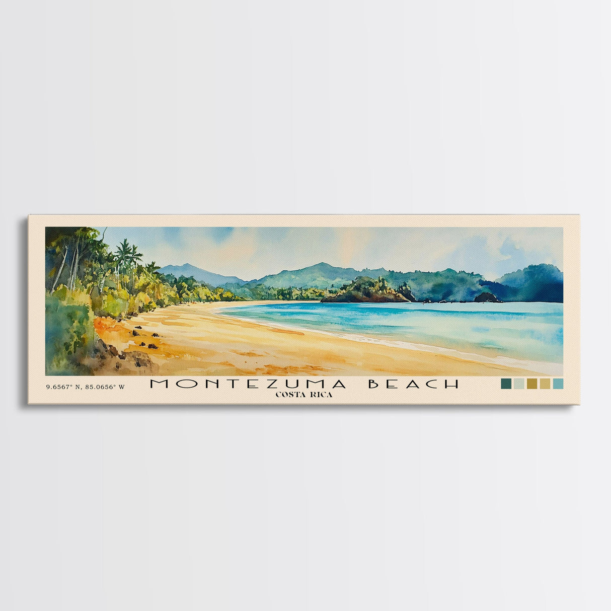 Montezuma Beach, Costa Rica Watercolor Beach Print, Vacation Gift, Costa Rica Wall Art, Framed Canvas Print, Framed Beach Painting