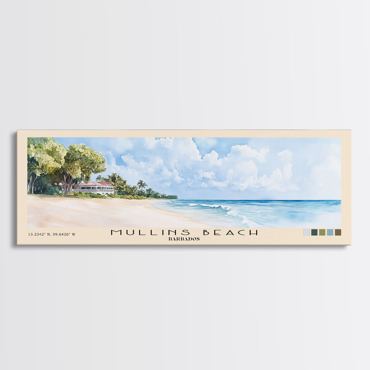 Mullins Beach, Barbados Watercolor Beach Print, Vacation Gift, Barbados Wall Art, Framed Canvas Print, Framed Beach Painting