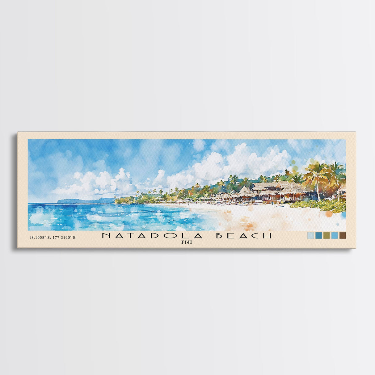 Natadola Beach, Fiji Watercolor Beach Print, Vacation Gift, Fiji Wall Art, Framed Canvas Print, Framed Beach Painting