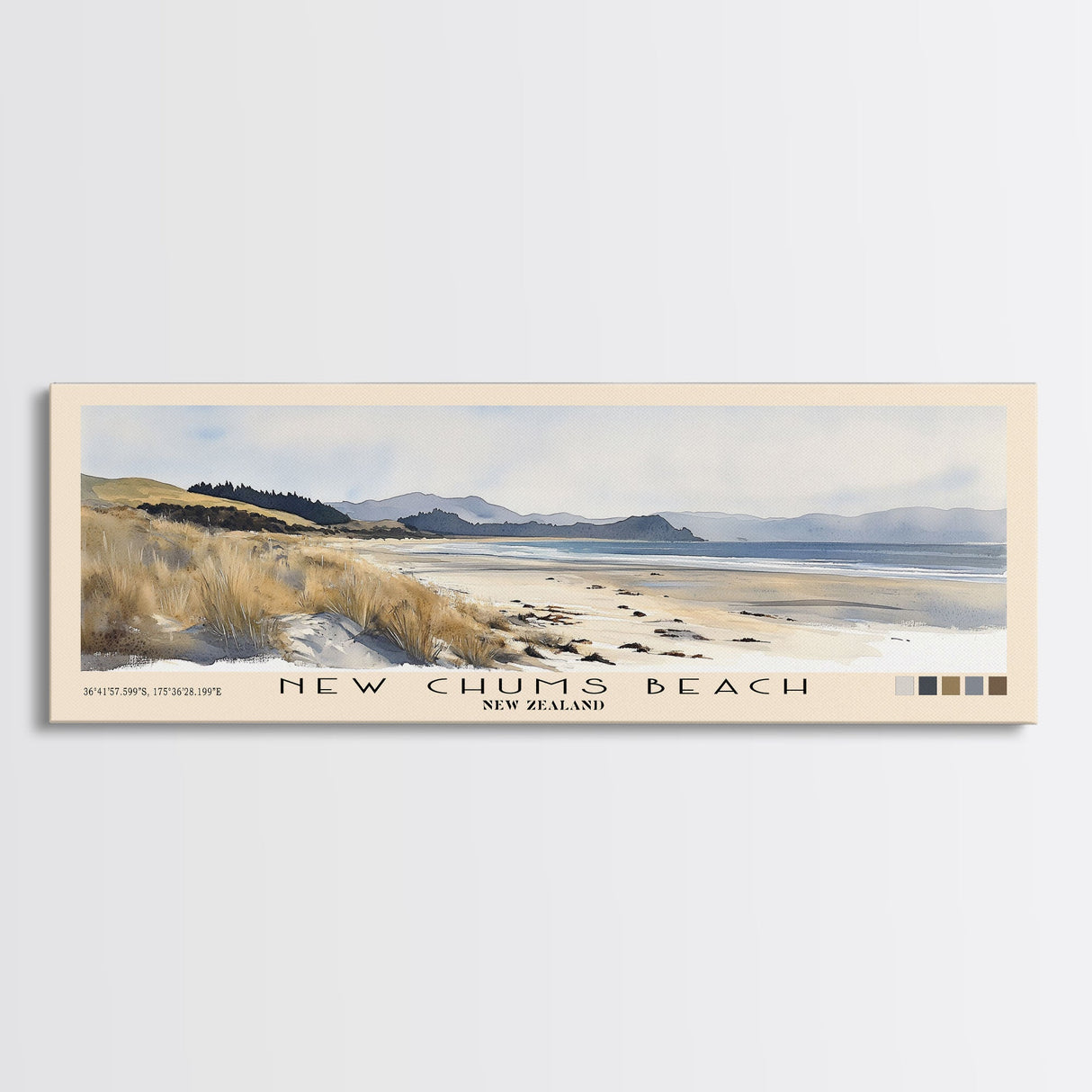 New Chums Beach, New Zealand Watercolor Print, Vacation Gift, New Zealand Wall Art, Beach Painting, Beach Decor, Large Wall Art, Wood Frame Art