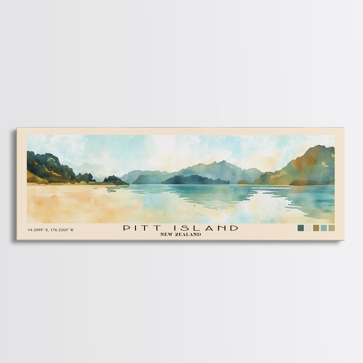 Pitt Island, New Zealand Watercolor Beach Print, Vacation Gift, New Zealand Wall Art, Framed Canvas Print, Framed Beach Painting