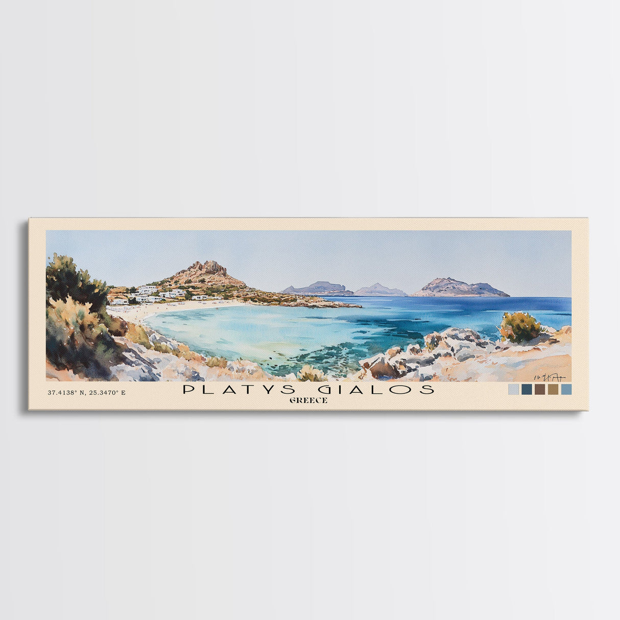 Platys Gialos, Greece Watercolor Beach Print, Vacation Gift, Greece Wall Art, Framed Canvas Print, Framed Beach Painting