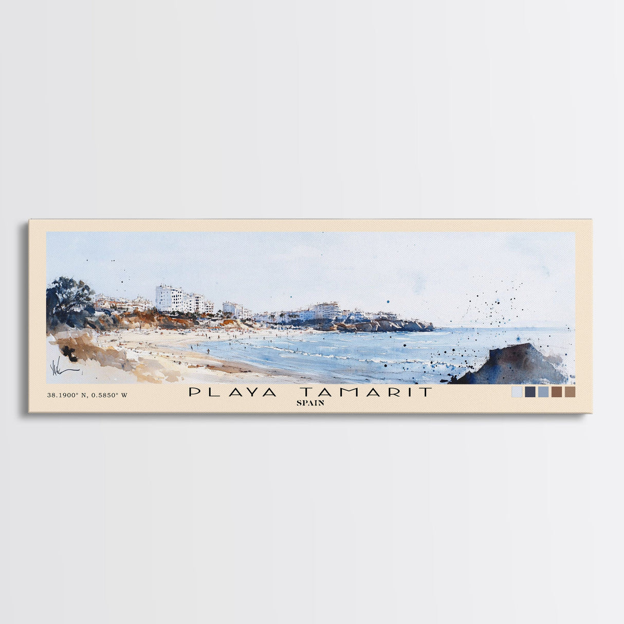 Playa Tamarit, Spain Watercolor Print, Vacation Gift, Spain Wall Art, Beach Painting, Beach Decor, Large Wall Art, Wood Frame Art