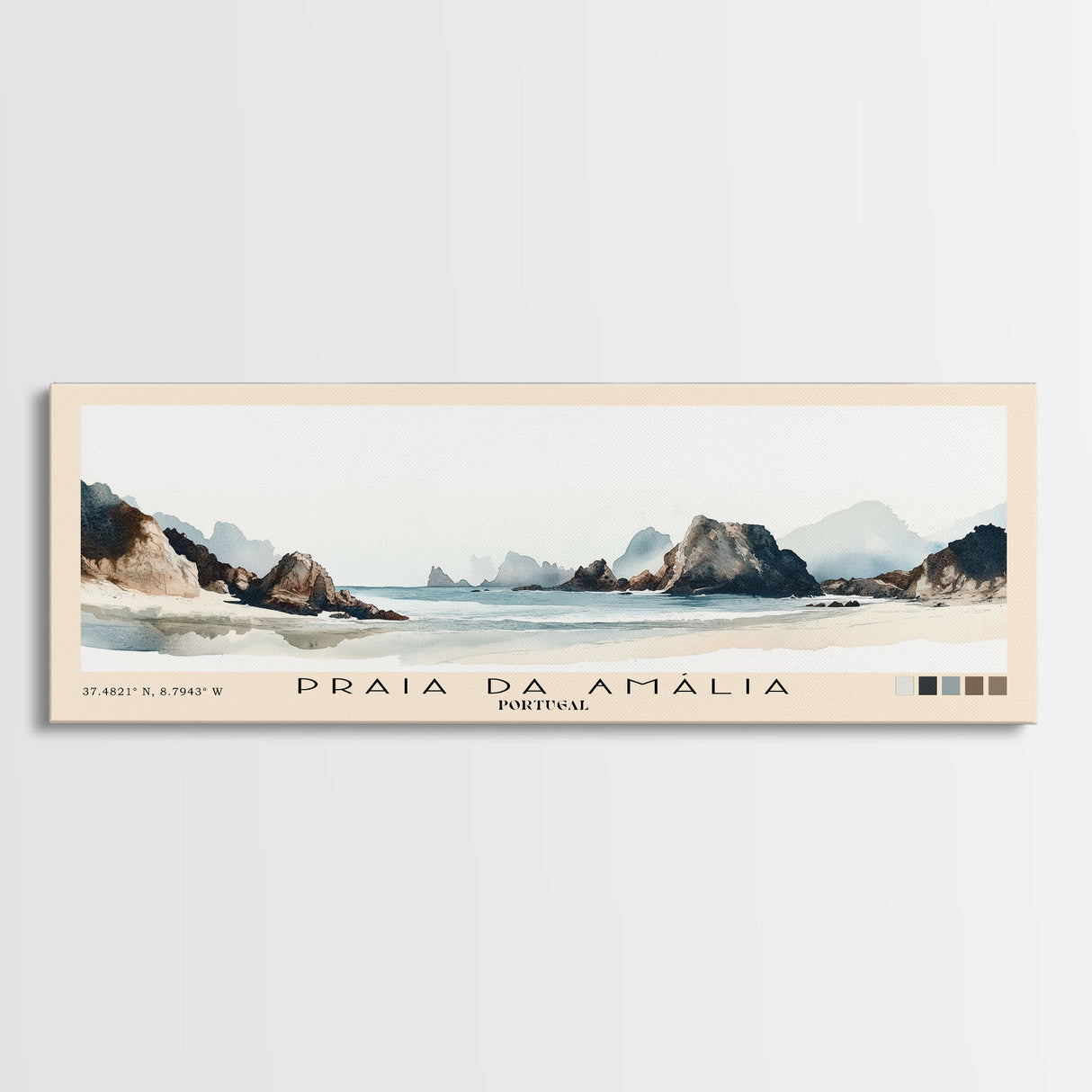 Praia da Amália, Portugal Watercolor Beach Print, Vacation Gift, Portugal Wall Art, Framed Canvas Print, Framed Beach Painting