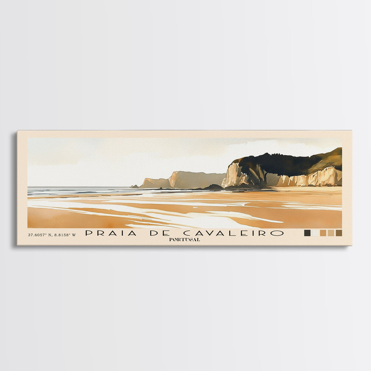 Praia de Cavaleiro, Portugal Watercolor Beach Print, Vacation Gift, Portugal Wall Art, Framed Canvas Print, Framed Beach Painting