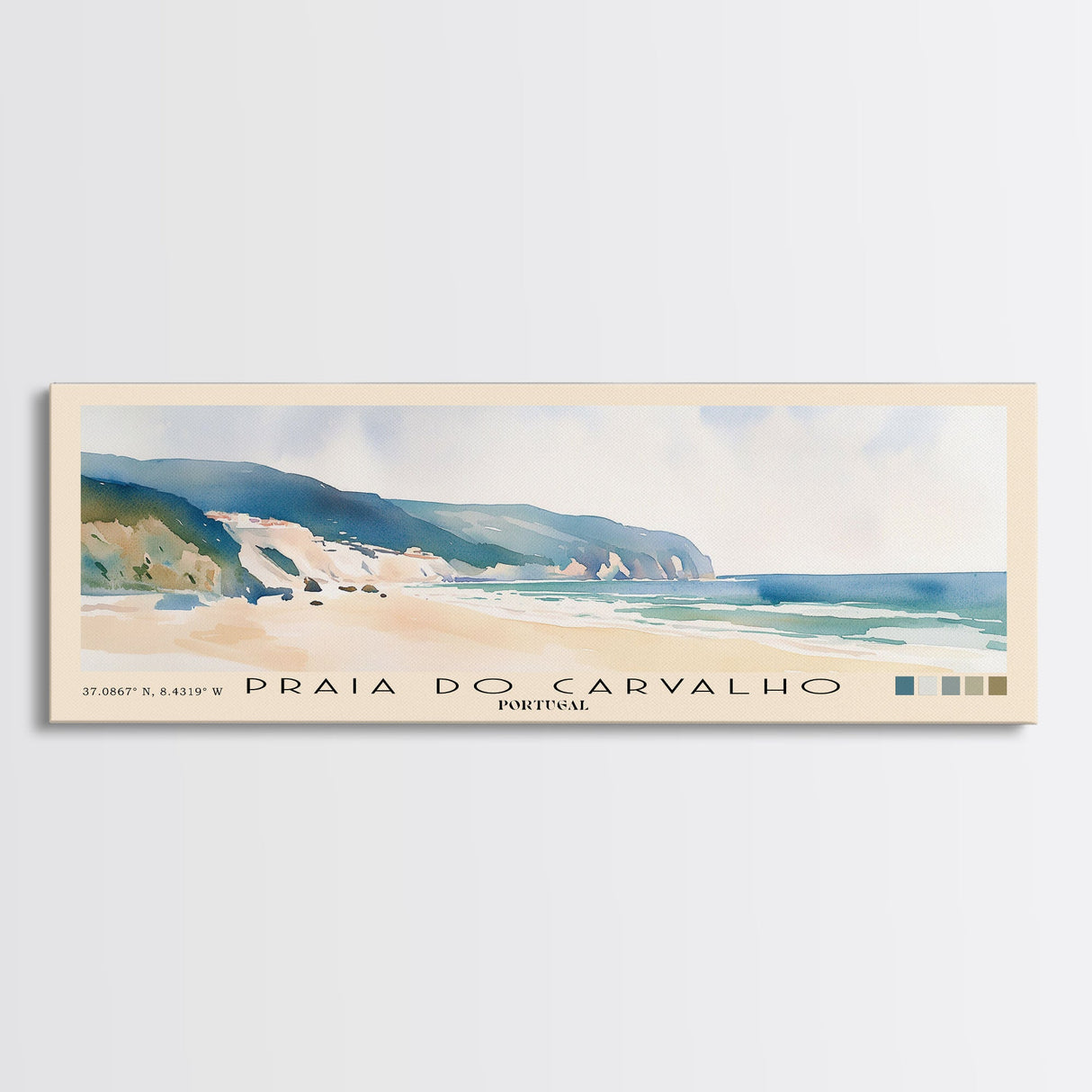 Praia do Carvalho, Portugal Watercolor Beach Print, Vacation Gift, Portugal Wall Art, Framed Canvas Print, Framed Beach Painting