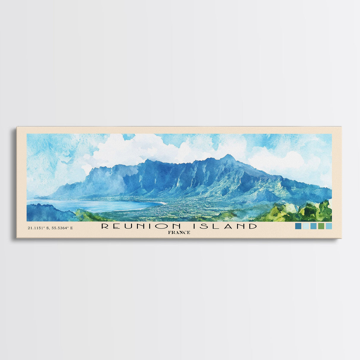 Reunion Island, France Watercolor Beach Print, Vacation Gift, France Wall Art, Framed Canvas Print, Framed Beach Painting