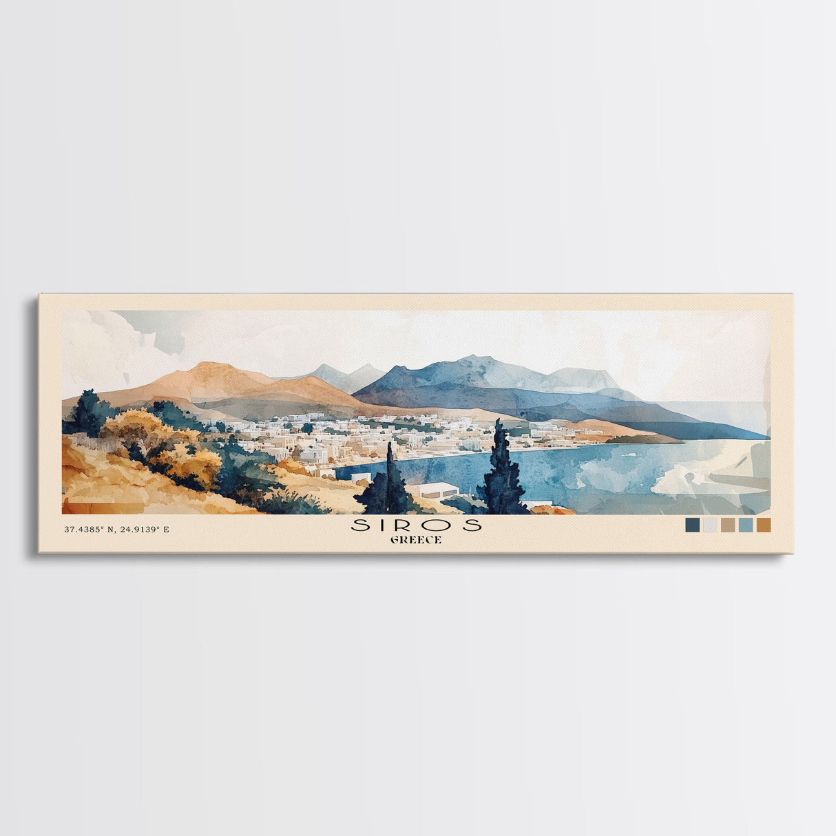 Siros, Greece Watercolor Print, Vacation Gift, Greece Wall Art, Beach Painting, Beach Decor, Large Wall Art, Wood Frame Art