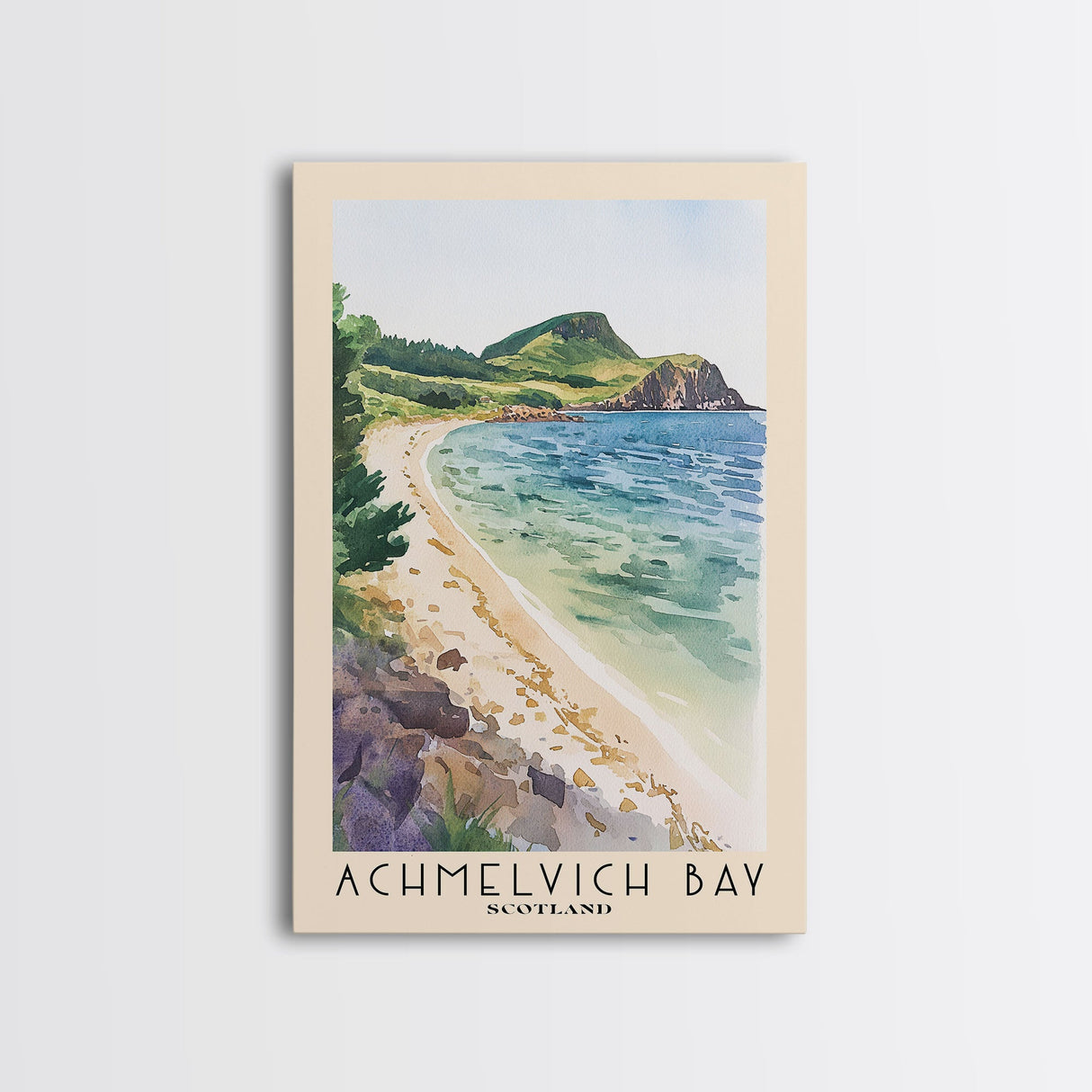 Achmelvich Bay, Scotland Watercolor Print, Vacation Gift, Scotland Wall Art, Beach Painting, Beach Decor, Large Wall Art, Wood Frame Art