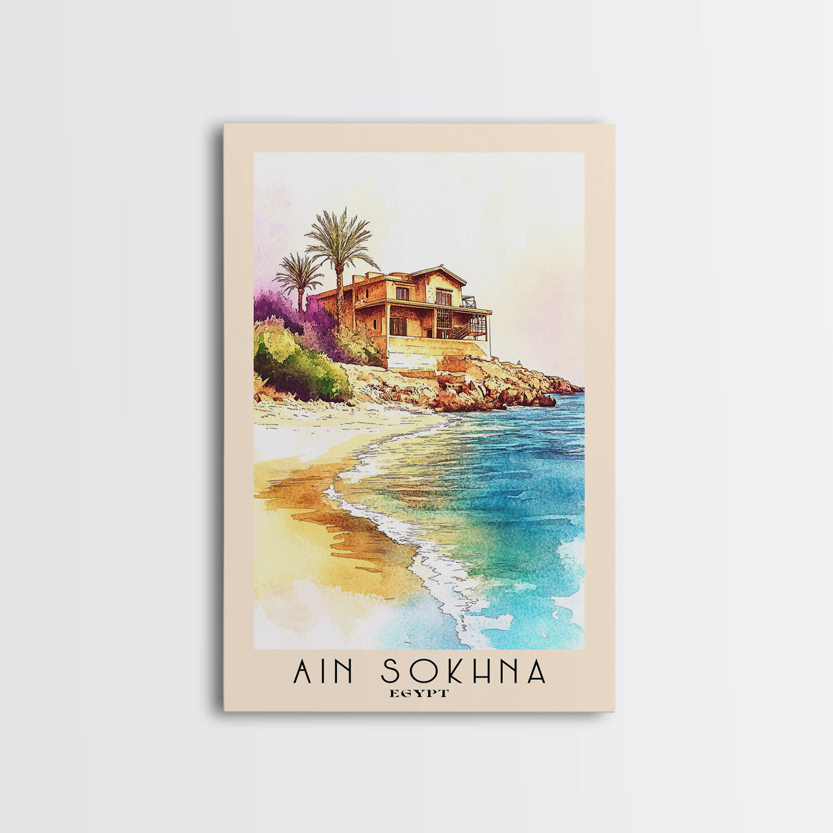 Ain Sokhna, Egypt Watercolor Print, Vacation Gift, Egypt Wall Art, Beach Painting, Beach Decor, Large Wall Art, Wood Frame Art