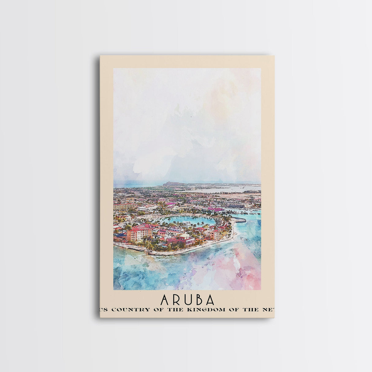 Aruba, autonomous country of the Kingdom of the Netherlands Watercolor Beach Print, Vacation Gift, autonomous country of the Kingdom of the Netherlands Wall Art, Framed Canvas Print, Framed Beach Painting