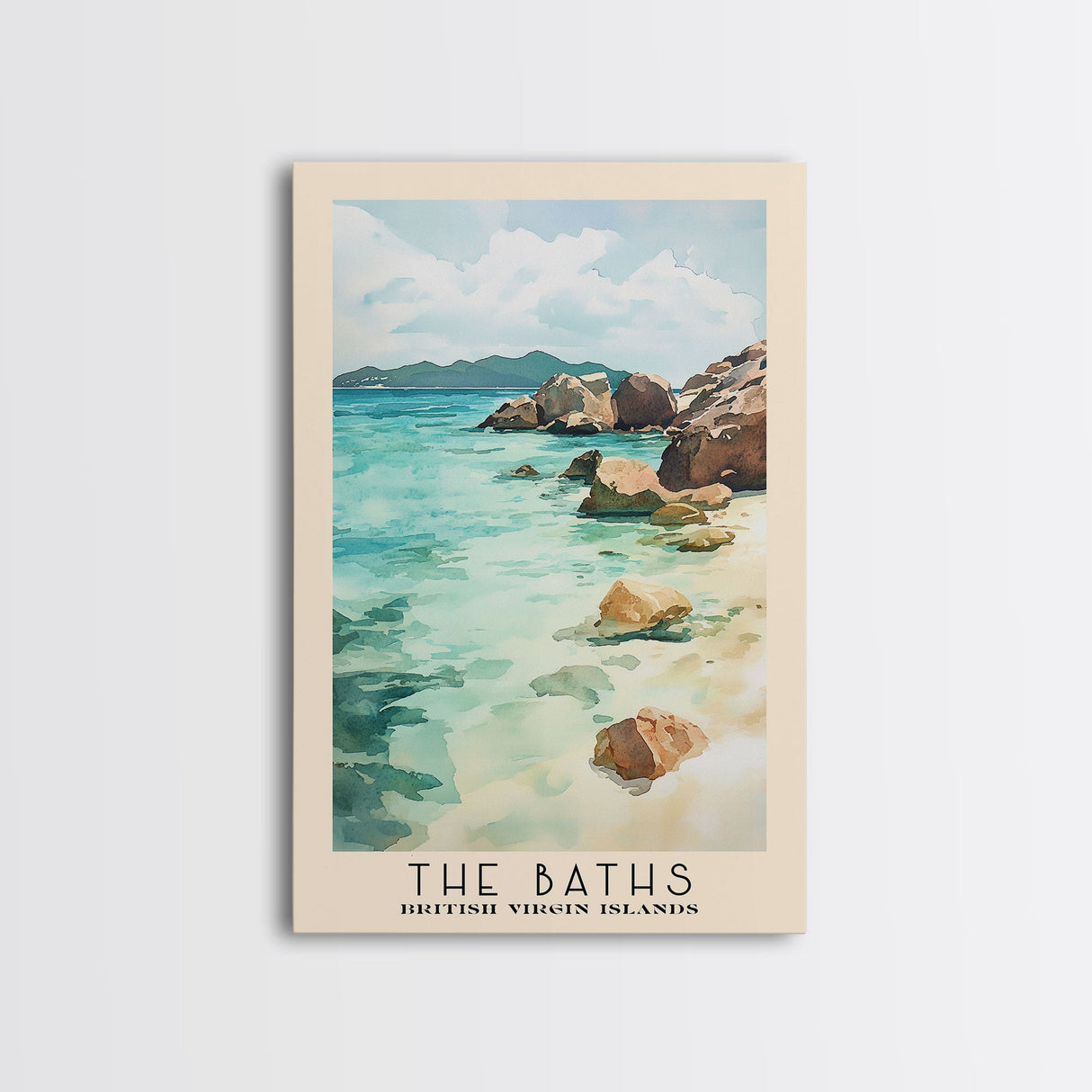 The Baths, British Virgin Islands Watercolor Beach Print, Vacation Gift, British Virgin Islands Wall Art, Framed Canvas Print, Framed Beach Painting