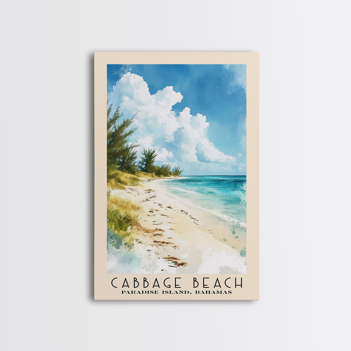 Cabbage Beach, Paradise Island, Bahamas Watercolor Beach Print, Vacation Gift, Paradise Island, Bahamas Wall Art, Framed Canvas Print, Framed Beach Painting