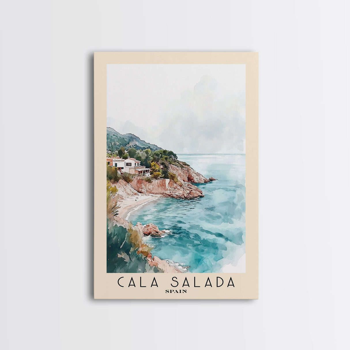 Cala Salada, Spain Watercolor Beach Print, Vacation Gift, Spain Wall Art, Framed Canvas Print, Framed Beach Painting