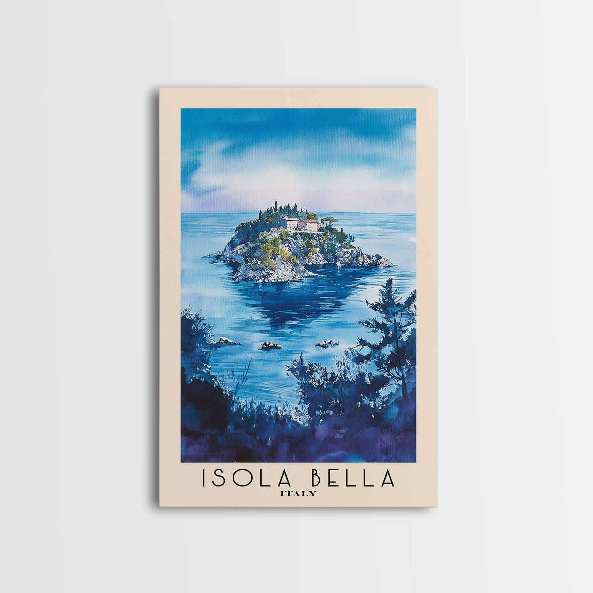 Isola Bella, Italy Watercolor Beach Print, Vacation Gift, Italy Wall Art, Framed Canvas Print, Framed Beach Painting