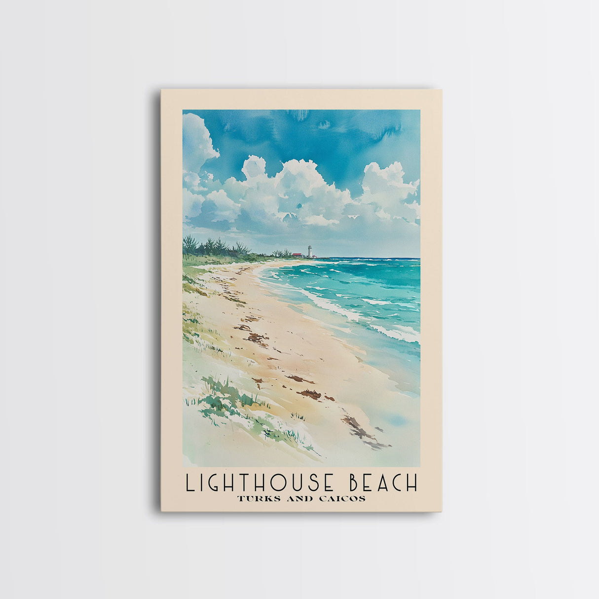 Lighthouse Beach, Turks and Caicos Watercolor Beach Print, Vacation Gift, Turks and Caicos Wall Art, Framed Canvas Print, Framed Beach Painting