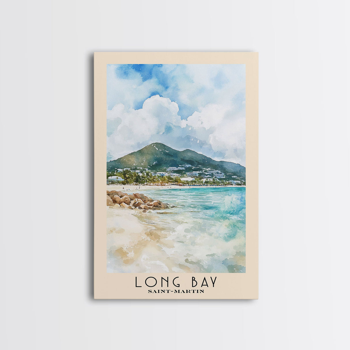 Long Bay, Saint-Martin Watercolor Print, Vacation Gift, Saint-Martin Wall Art, Beach Painting, Beach Decor, Large Wall Art, Wood Frame Art