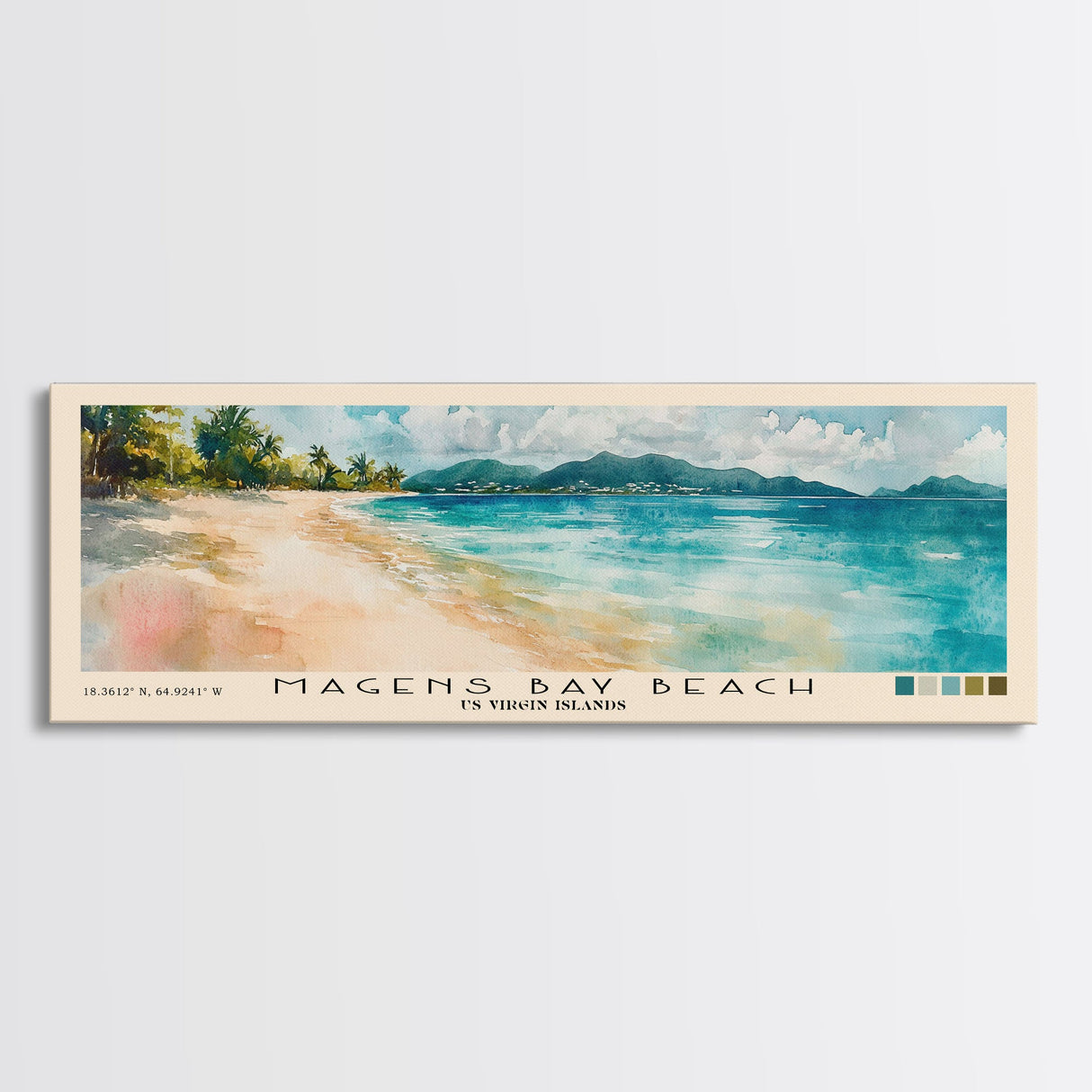 Magens Bay Beach, US Virgin islands Watercolor Beach Print, Vacation Gift, US Virgin islands Wall Art, Framed Canvas Print, Framed Beach Painting