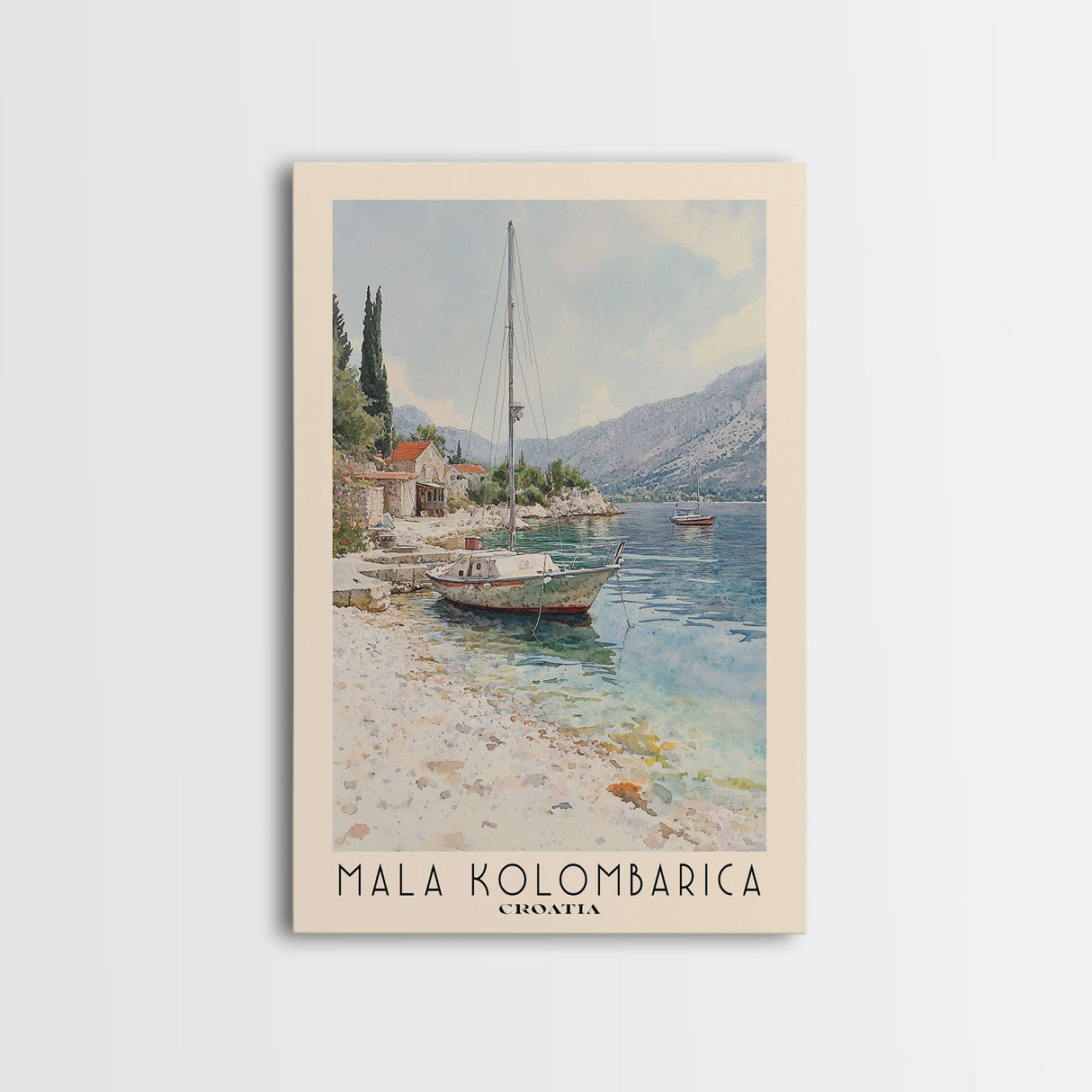 Mala Kolombarica, Croatia Watercolor Beach Print, Vacation Gift, Croatia Wall Art, Framed Canvas Print, Framed Beach Painting