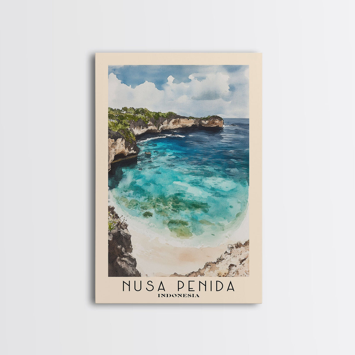 Nusa Penida, Indonesia Watercolor Beach Print, Vacation Gift, Indonesia Wall Art, Framed Canvas Print, Framed Beach Painting