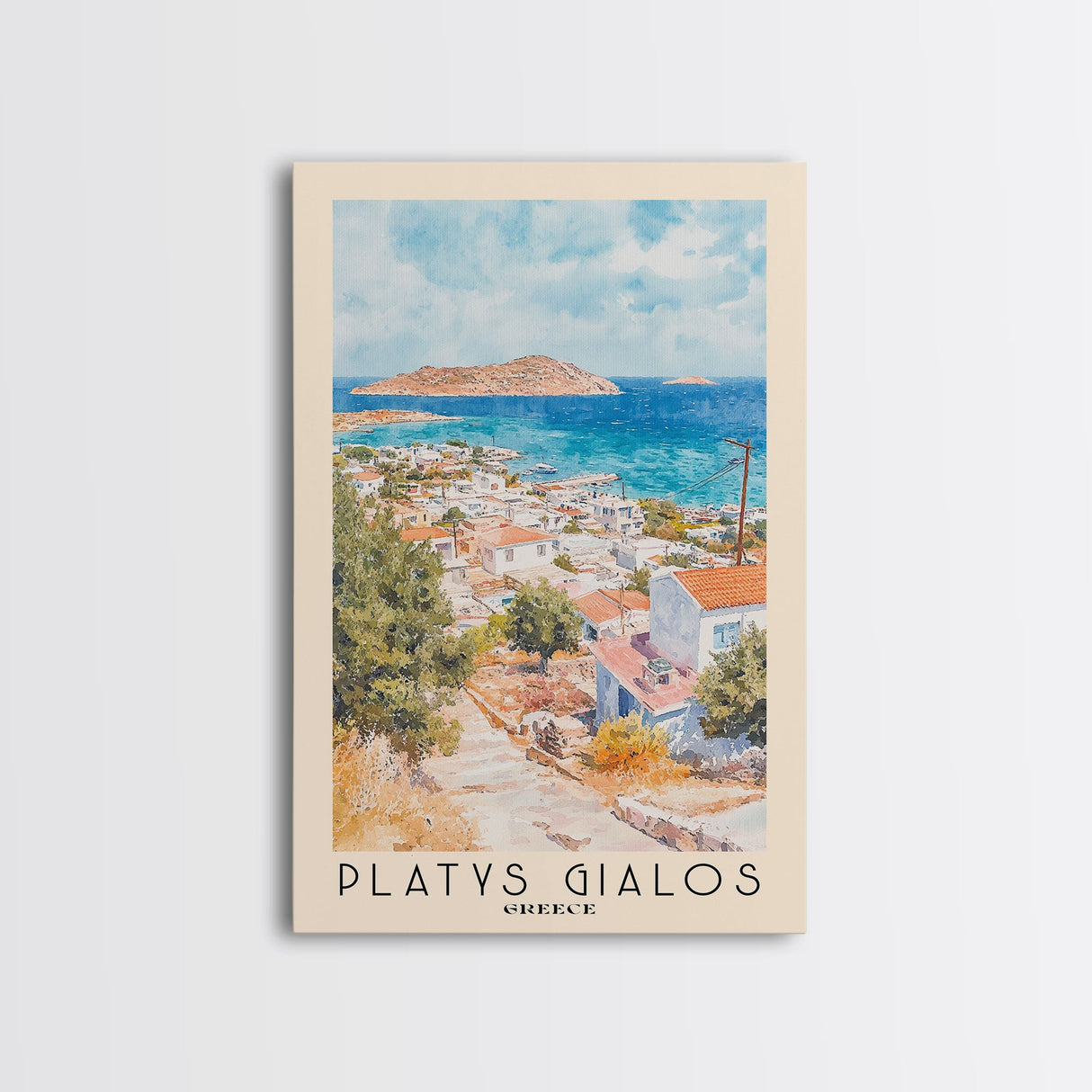 Platys Gialos, Greece Watercolor Beach Print, Vacation Gift, Greece Wall Art, Framed Canvas Print, Framed Beach Painting