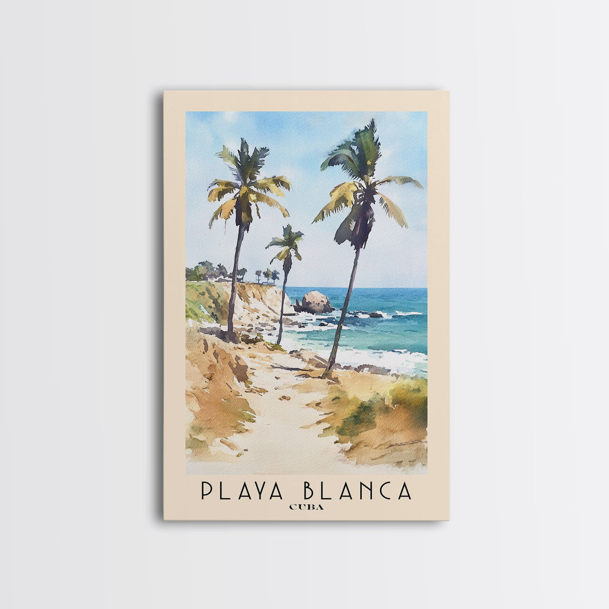 Playa Blanca, Cuba Watercolor Beach Print, Vacation Gift, Cuba Wall Art, Framed Canvas Print, Framed Beach Painting