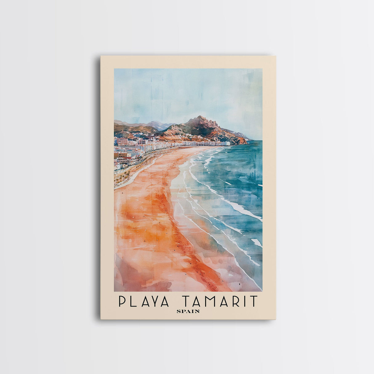 Playa Tamarit, Spain Watercolor Print, Vacation Gift, Spain Wall Art, Beach Painting, Beach Decor, Large Wall Art, Wood Frame Art