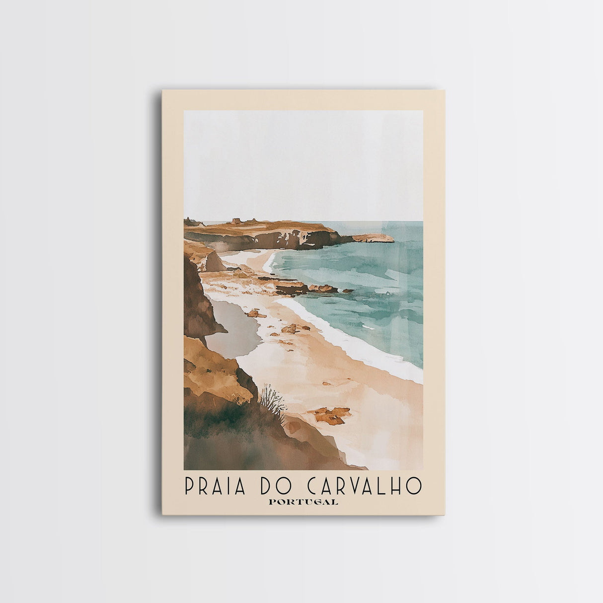 Praia do Carvalho, Portugal Watercolor Beach Print, Vacation Gift, Portugal Wall Art, Framed Canvas Print, Framed Beach Painting