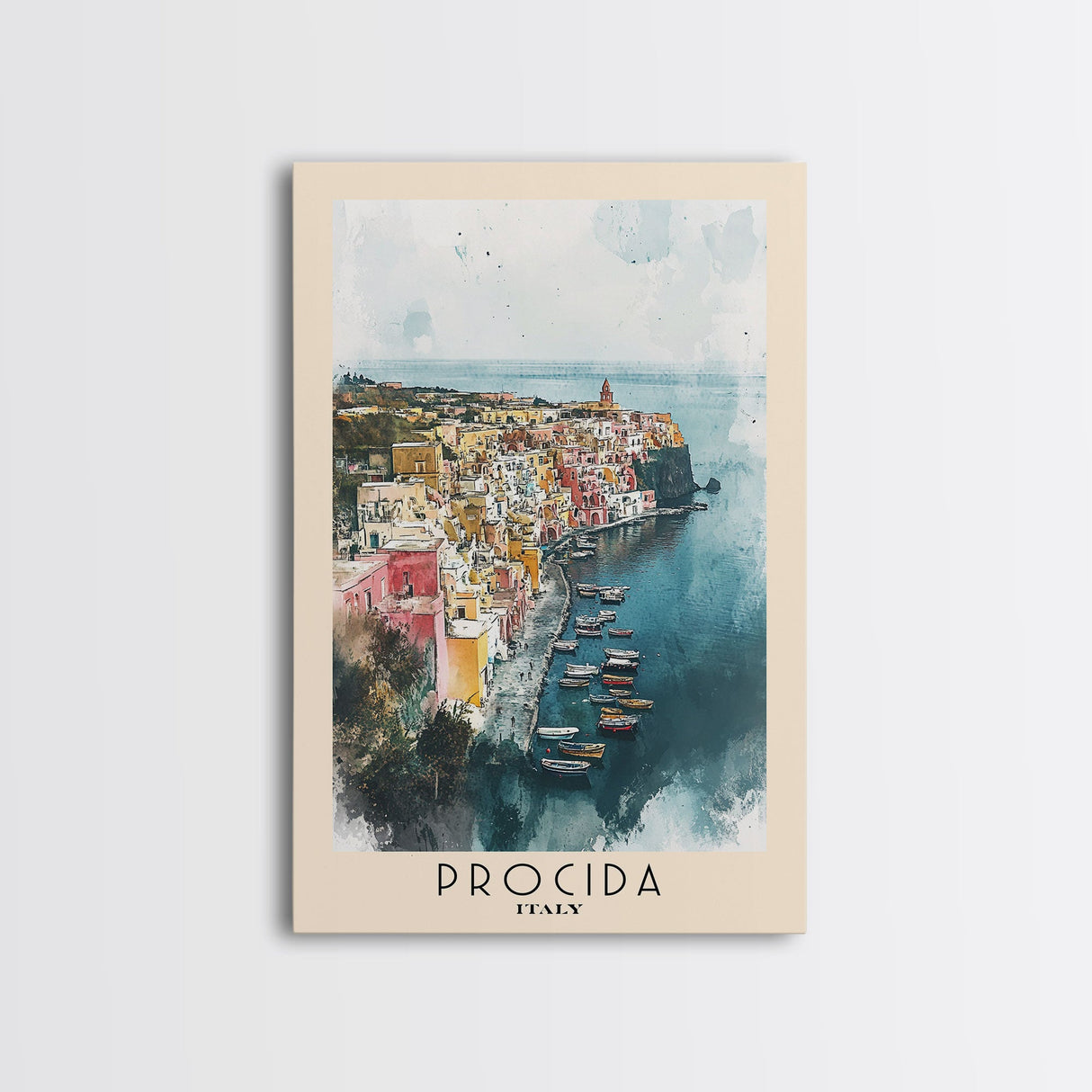 Procida, Italy Watercolor Beach Print, Vacation Gift, Italy Wall Art, Framed Canvas Print, Framed Beach Painting