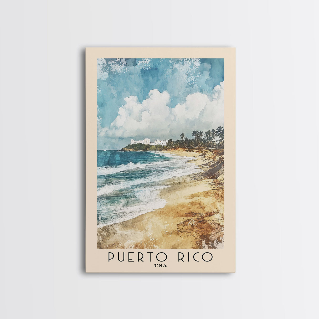 Puerto Rico, USA Watercolor Print, Vacation Gift, USA Wall Art, Beach Painting, Beach Decor, Large Wall Art, Wood Frame Art