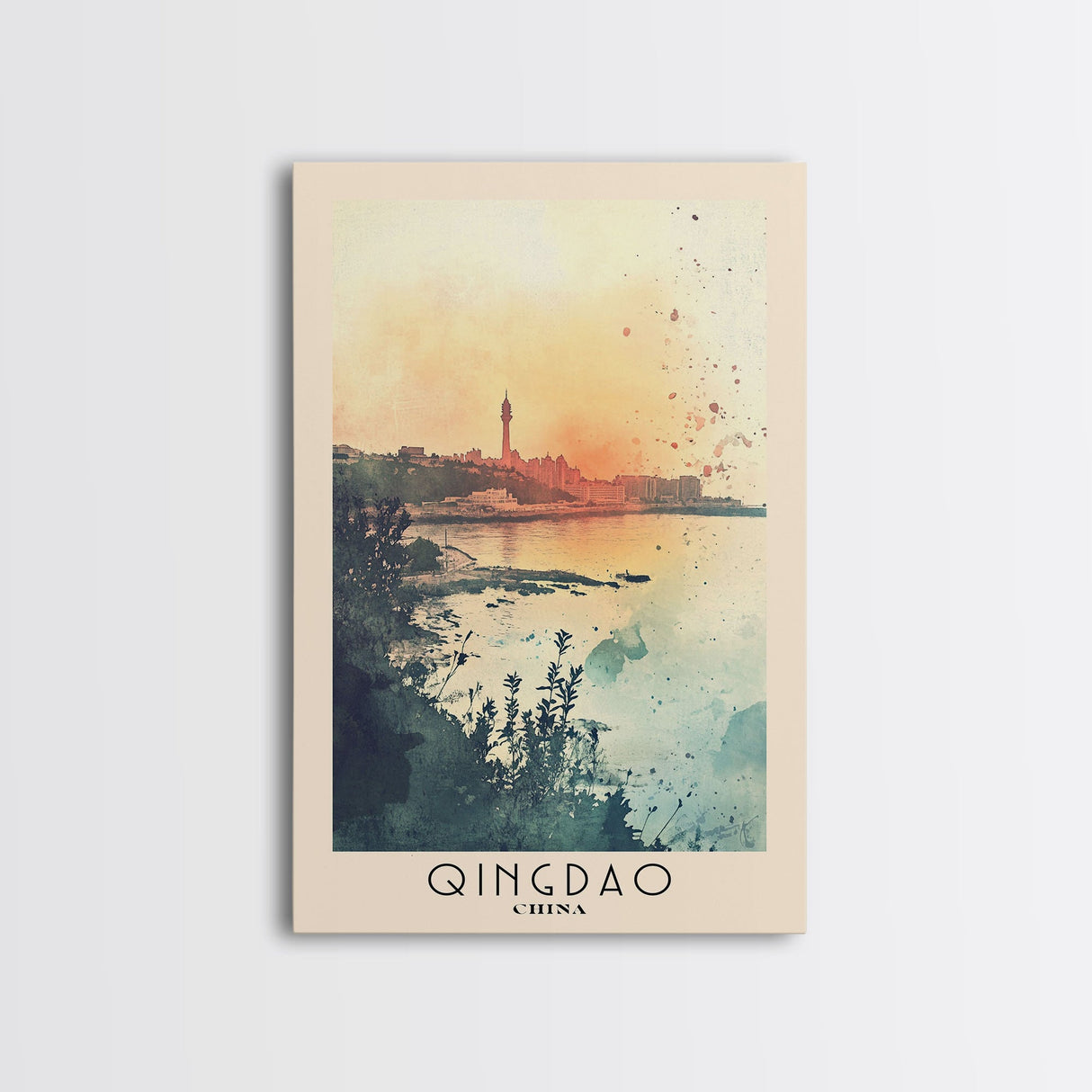 Qingdao, China Watercolor Beach Print, Vacation Gift, China Wall Art, Framed Canvas Print, Framed Beach Painting