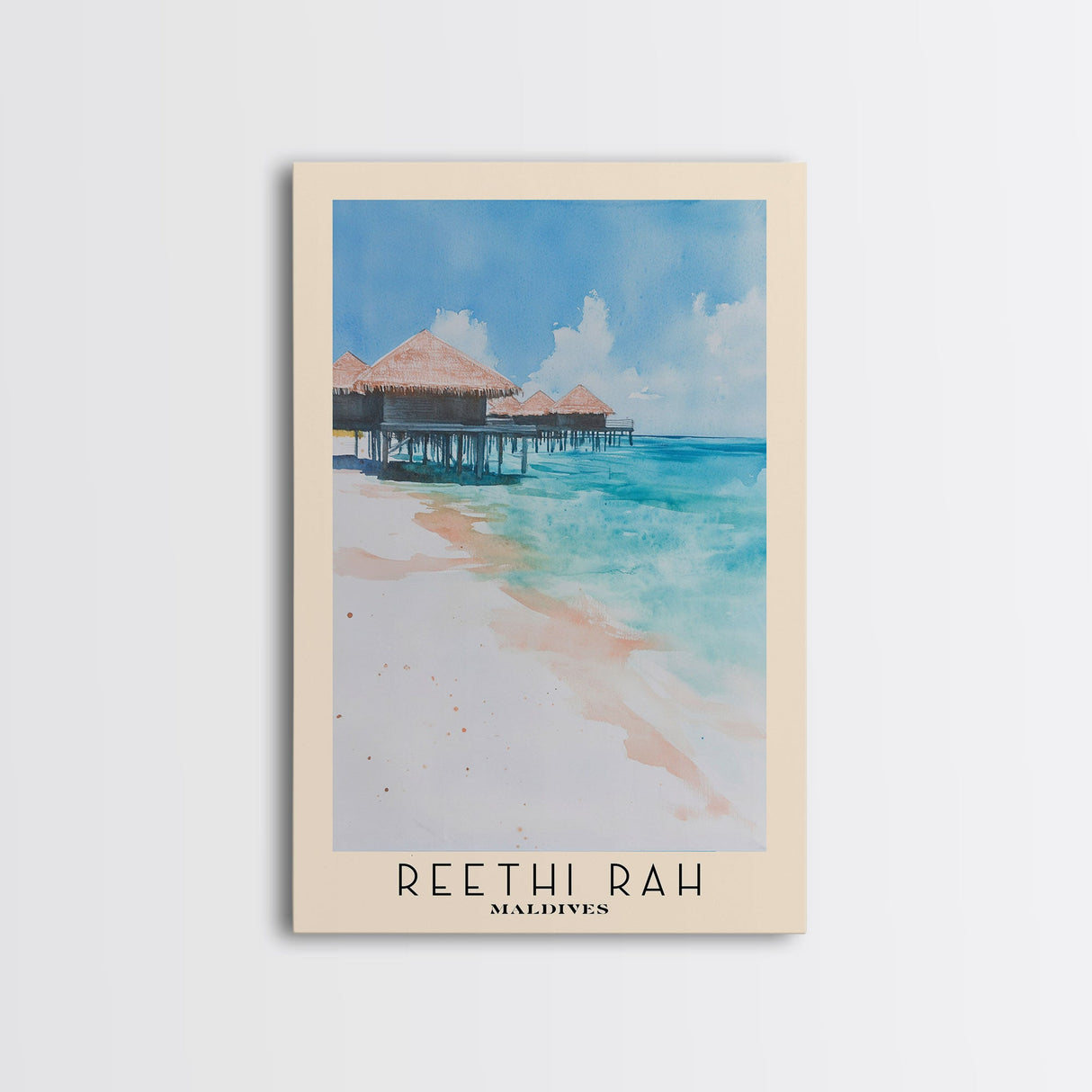 Reethi Rah, Maldives Watercolor Beach Print, Vacation Gift, Maldives Wall Art, Framed Canvas Print, Framed Beach Painting