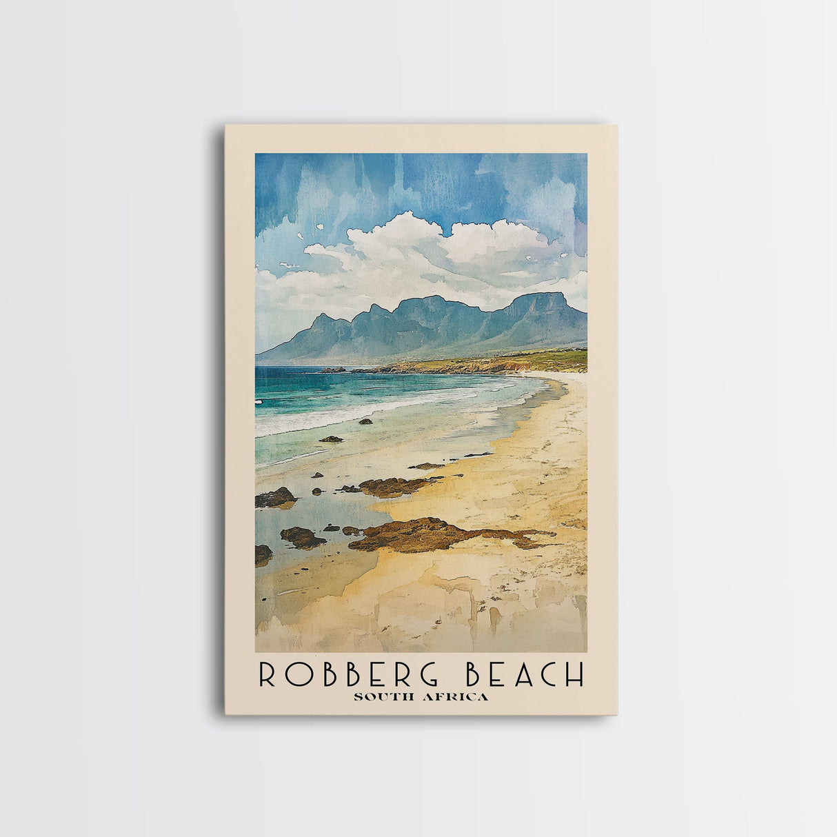 Robberg Beach, South Africa Watercolor Beach Print, Vacation Gift, South Africa Wall Art, Framed Canvas Print, Framed Beach Painting