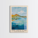 Saint Martin Island, France and Holland Watercolor Beach Print, Vacation Gift, France and Holland Wall Art, Framed Canvas Print, Framed Beach Painting