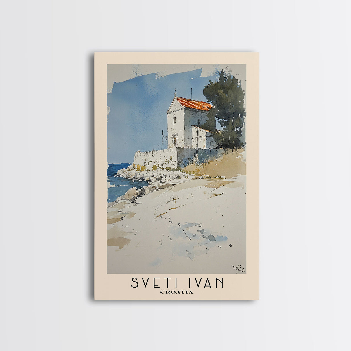 Sveti Ivan , Croatia Watercolor Beach Print, Vacation Gift, Croatia Wall Art, Framed Canvas Print, Framed Beach Painting